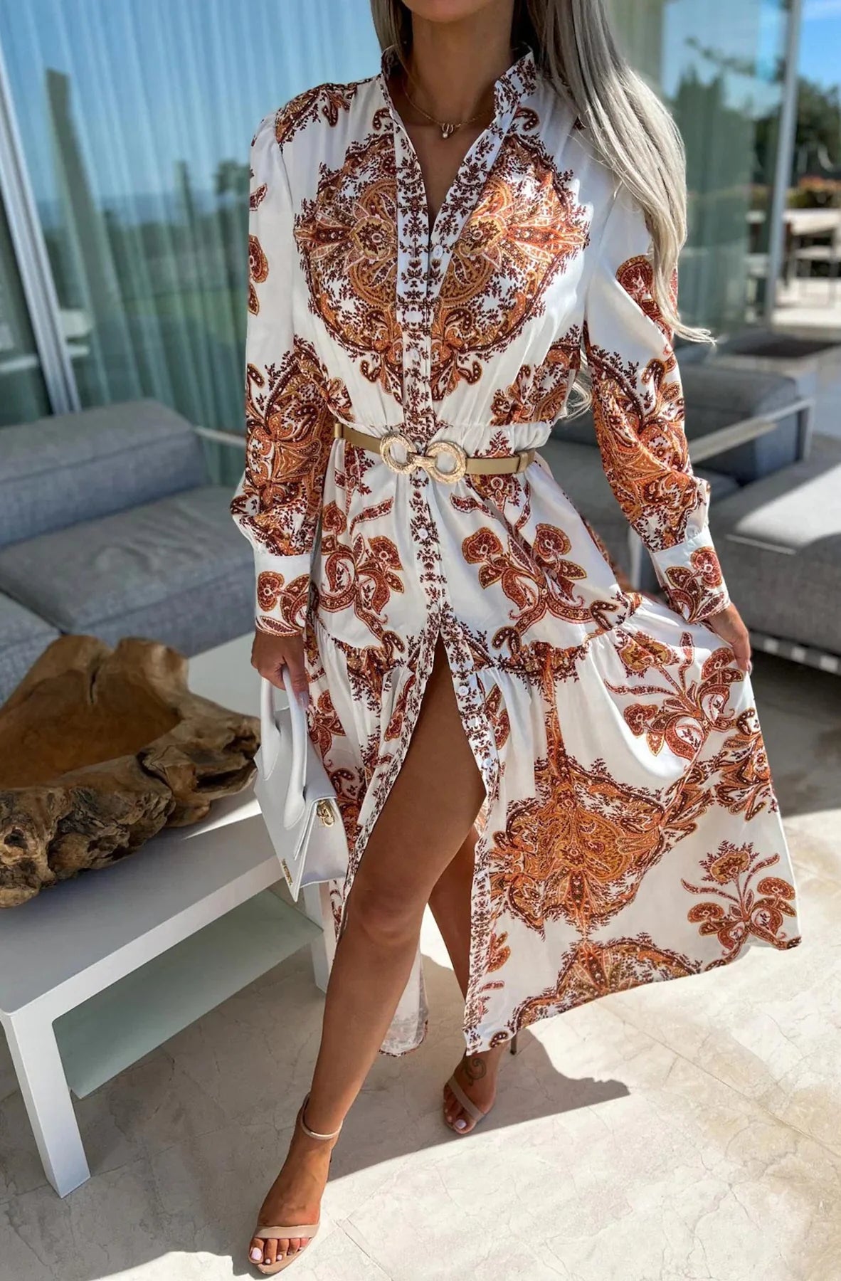 paisley white brown maxi dress button up with sleeves women fashion ladies fashion Dubai UAE 