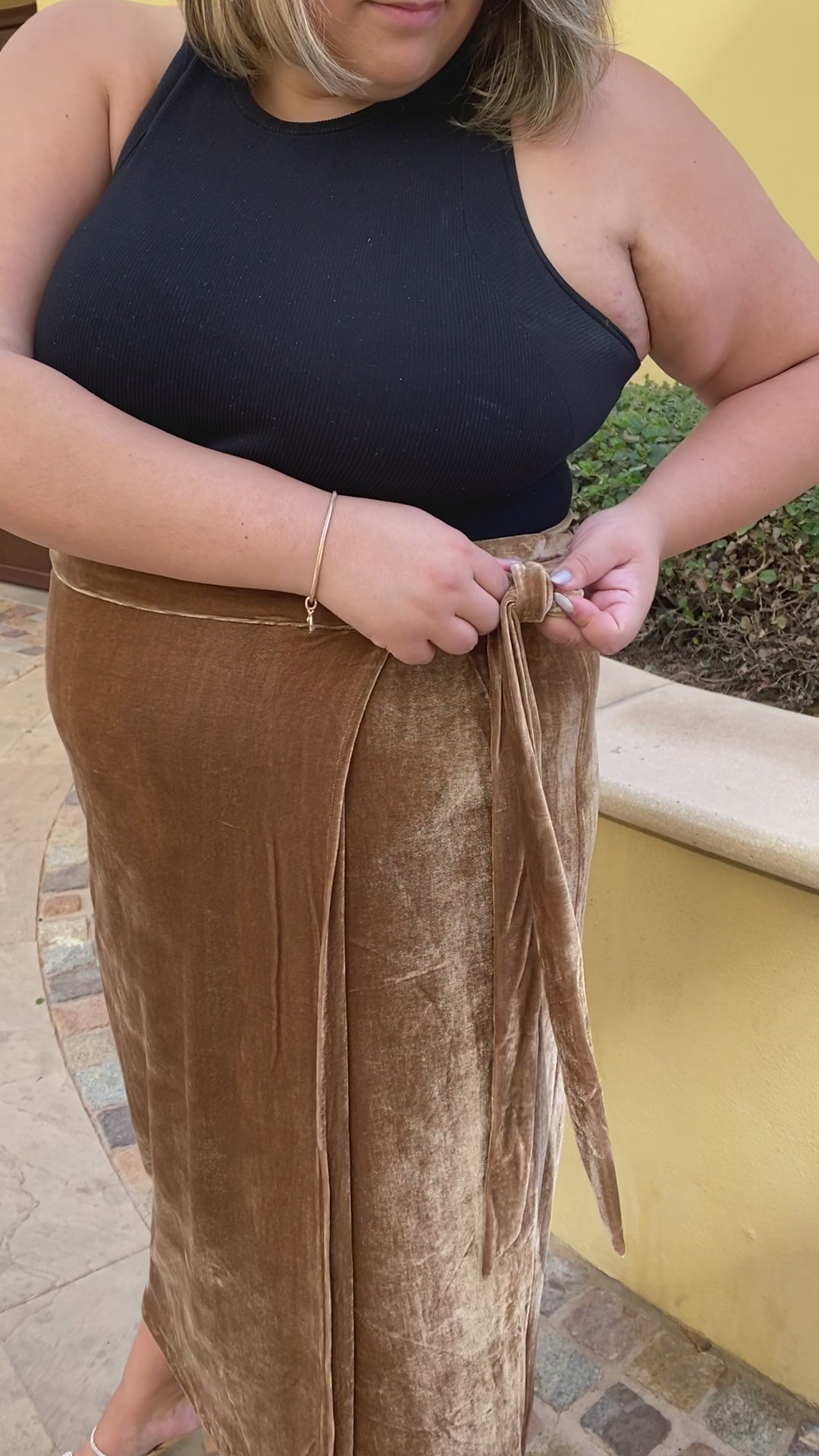 gold beige wrap skirt available in standard and as a plus size wrap skirt. party season style