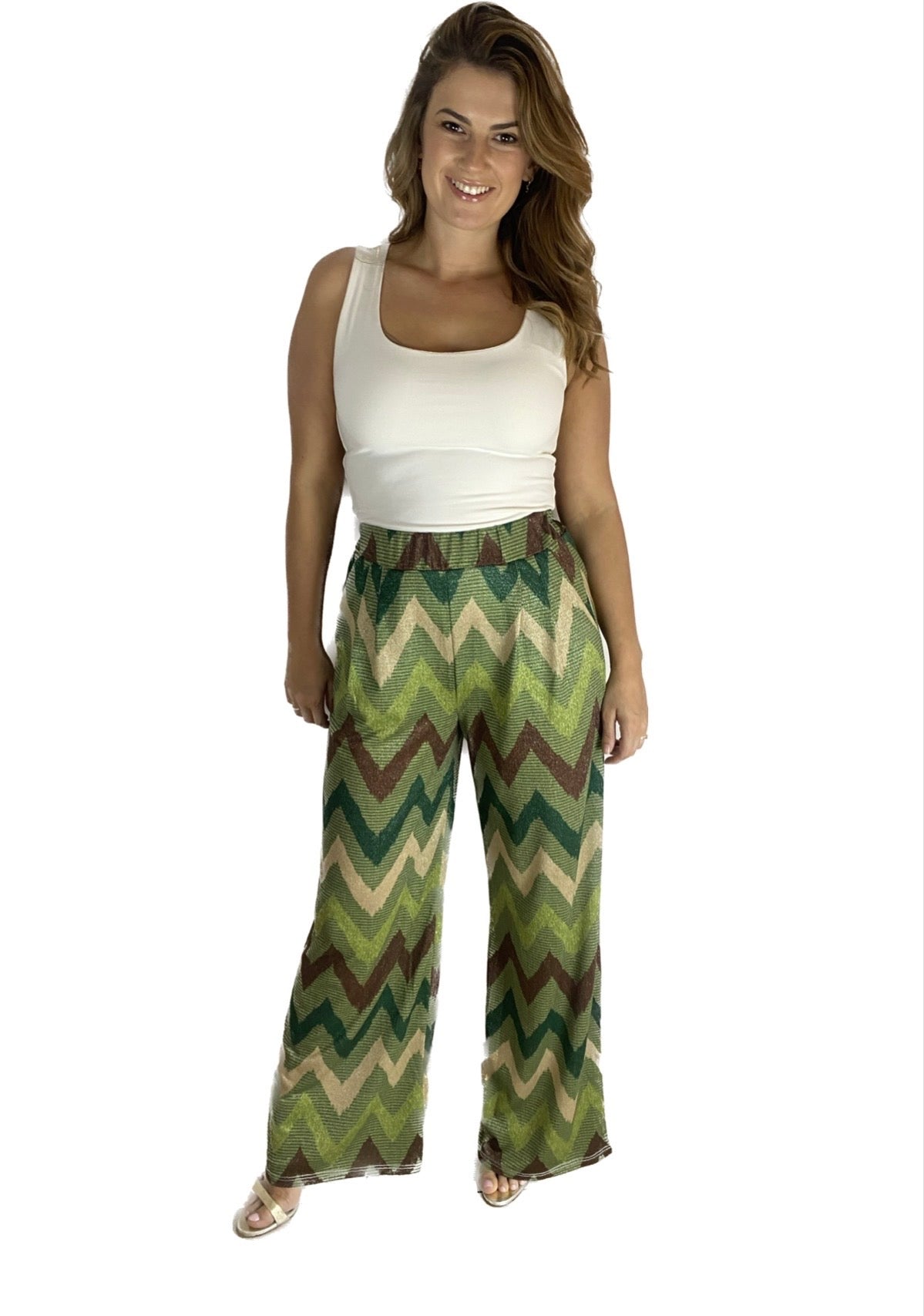 zig zag green gold brown trousers elasticated waistband casual trousers pants women